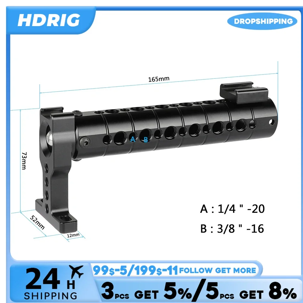 HDRIG Aluminum Top Cheese Handle Grip With Quick Release With Two Hot Shoe For DSLR Camera Cage Rig Photo Studio