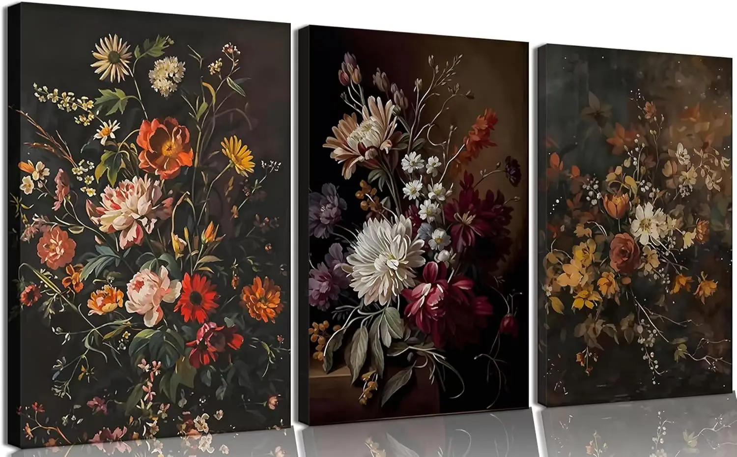 

Framed 3Pcs Dark Floral Canvas Wall Art Set Dark Academia Flower Prints Vintage Botanical Wall Painting Rustic Farmhouse Black