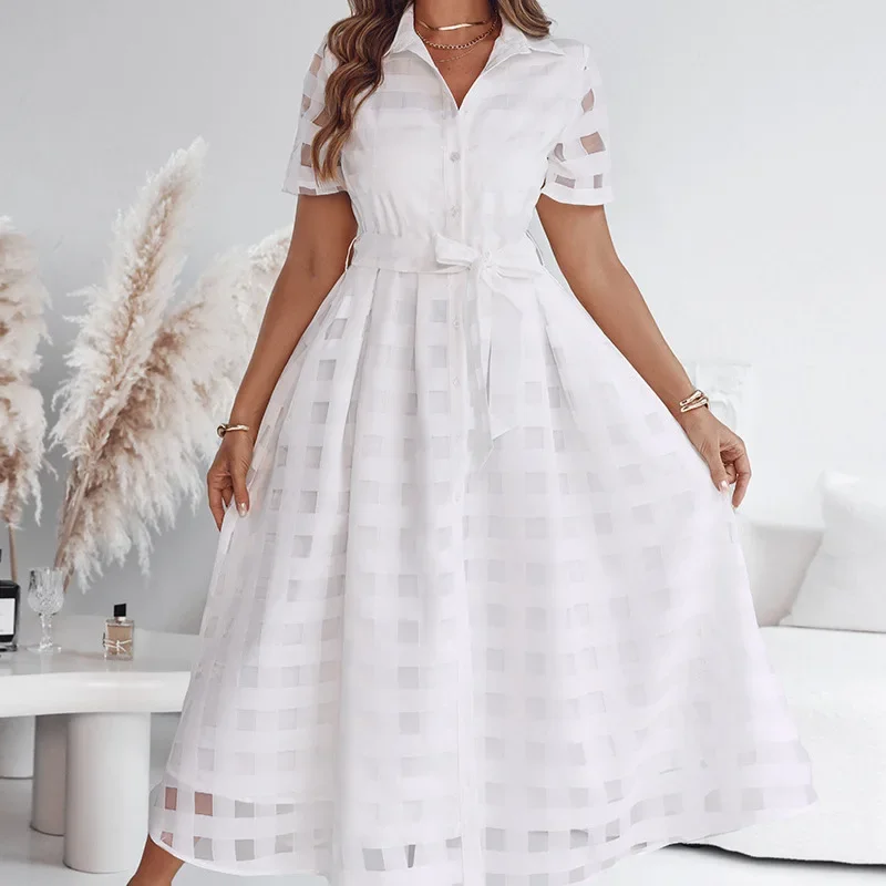 Malha dupla camada cintura cinched feminino turn-down colarinho xadrez uma linha camisa vestido botão para baixo laço cintura maxi vestido