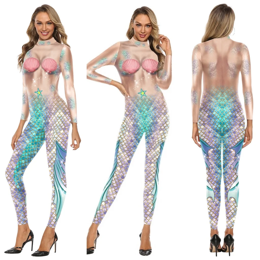 

Women Mermaid Fish Scale Ocean Animals 3D Printed Jumpsuit Halloween Cosplay Costume