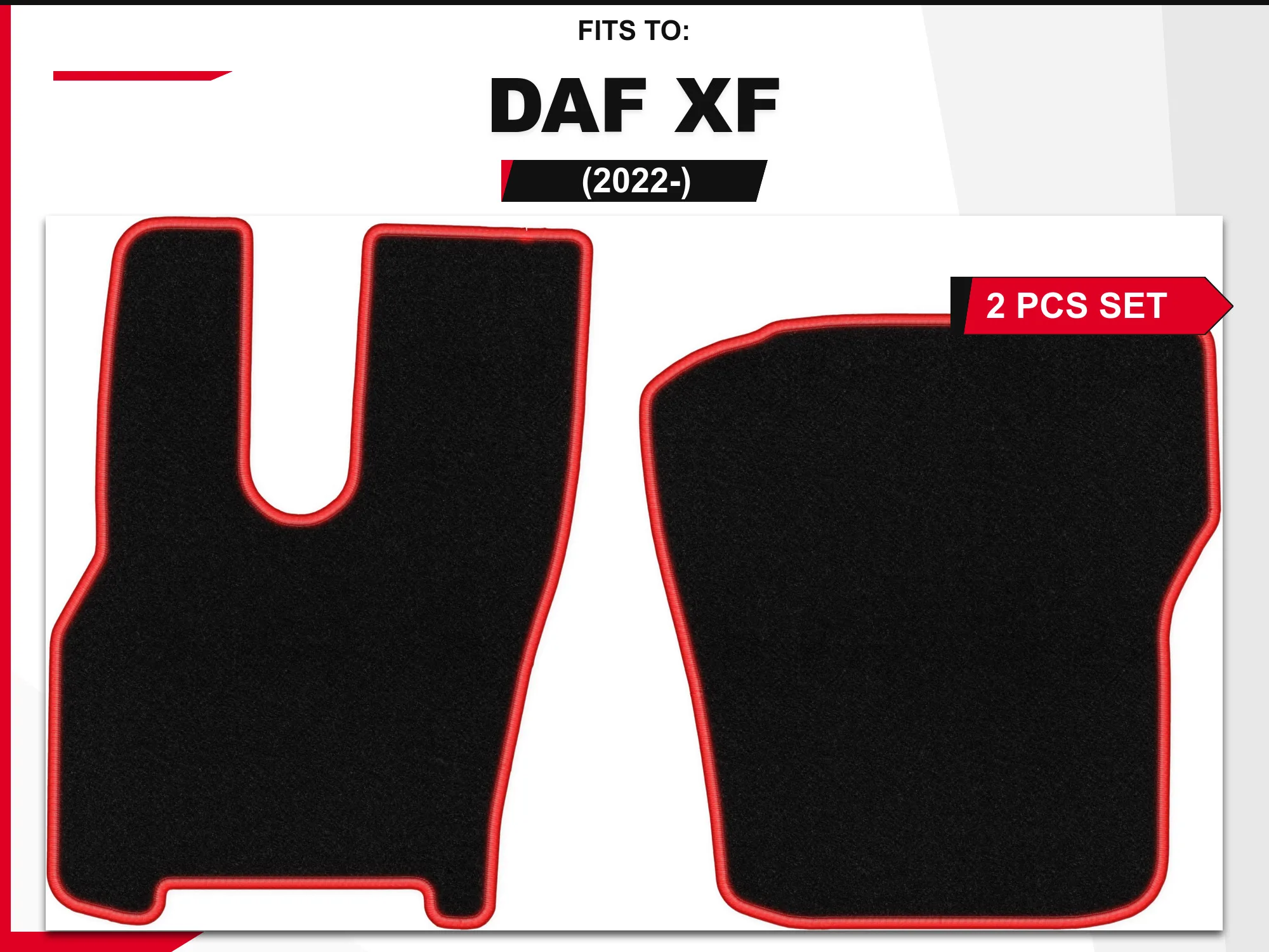 Velour vloermatten voor: DAF XF 2022-, 2 stuks. Zwart en rood passende autovloermatten, set