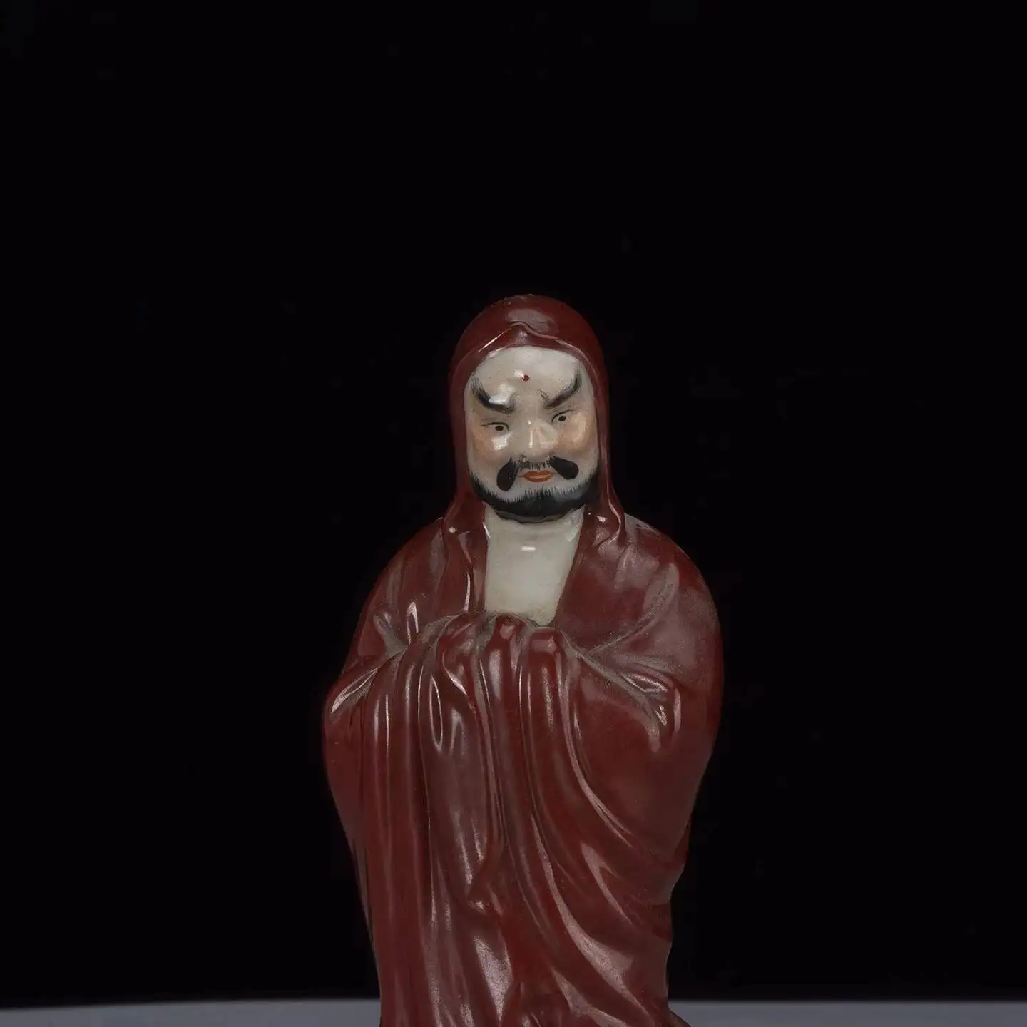 Chinese Red Glazed Porcelain Statue Of Arhat Buddhist Sculpture 5.5Inch