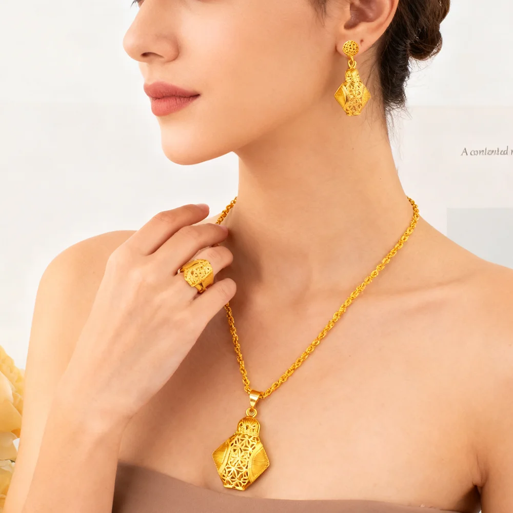 Dubai 18K Goldfarbenes Schmuckset für Damen Hochzeit Party Halskette Ohrringe Sets Indisches Schmuckset Kostenloser Versand Großhandel – Detail 12