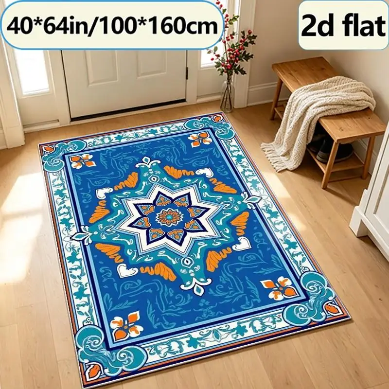 Bohemian Style Blue and Orange Star Mandala Carpet Floor Tile Retro Ethnic Floral Border Ornate Pattern Non-Slip Indoor Home Carpet