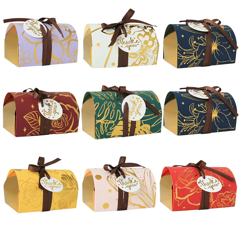 10Pcs Bronzing Pattern Paper Candy Box Heart Jewelry Favor Gifts Box Thank You Packaging Bags Birthday Wedding Party Decoration