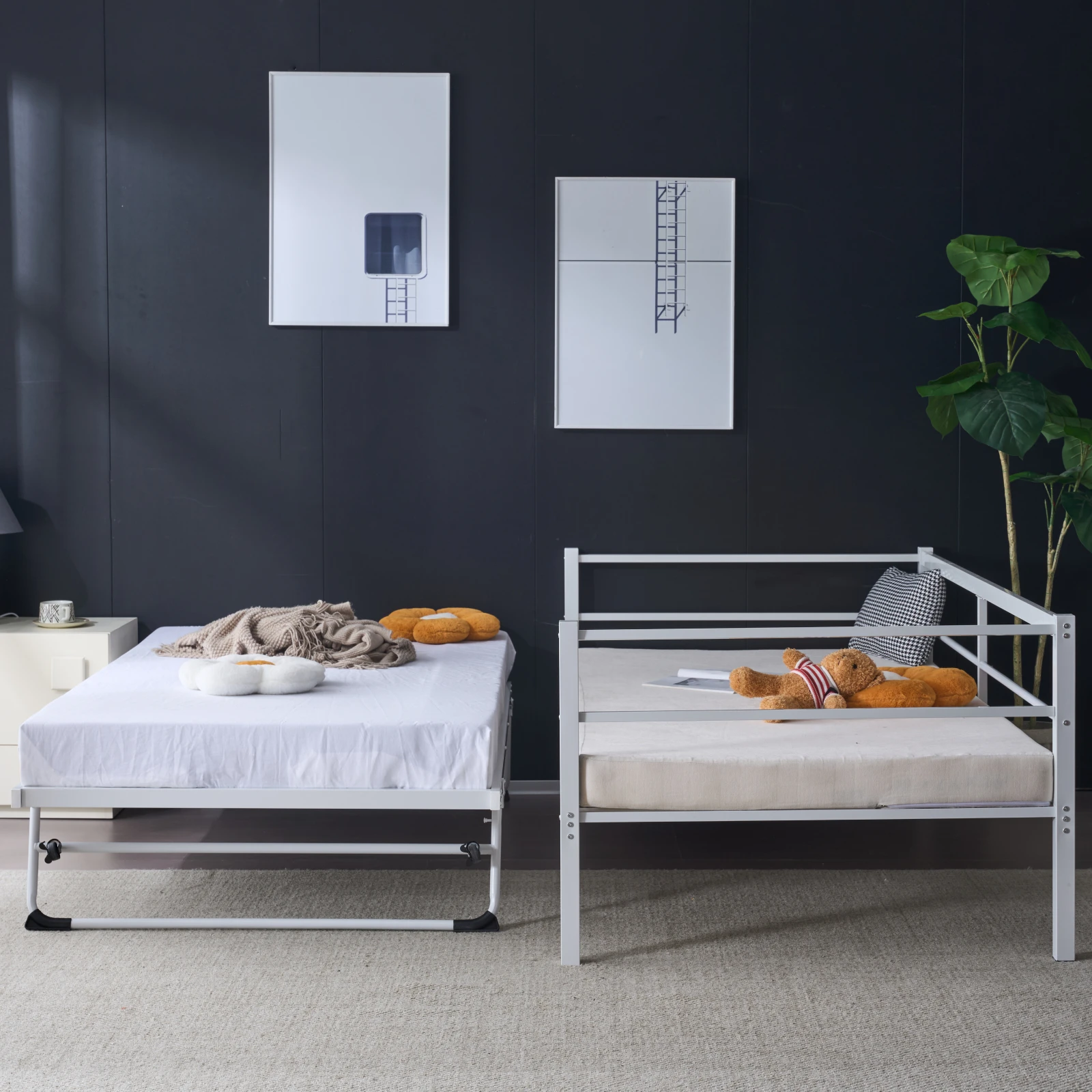 

White Double Metal Sofa Bed - Convertible Daybed with Pull-Out Drawer, Multifunctional and Suitable for Small Spaces