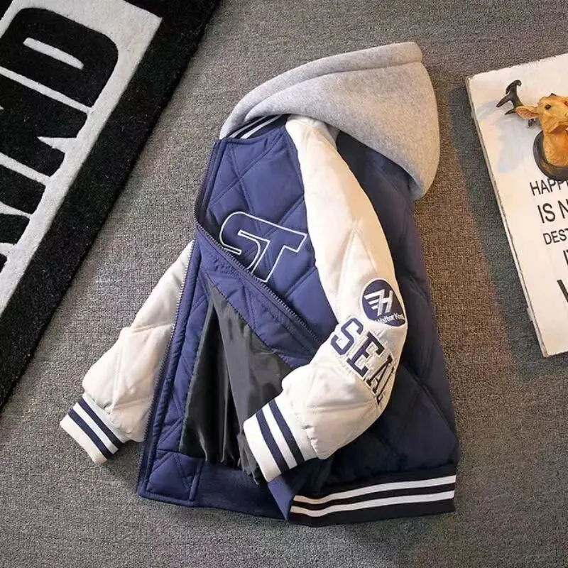 

Boys Striped Cotton Jacket 2025 Autumn Winter Plus Cotton Thick Baseball Jacket Hooded Cotton Coat Winter Clothing for Children