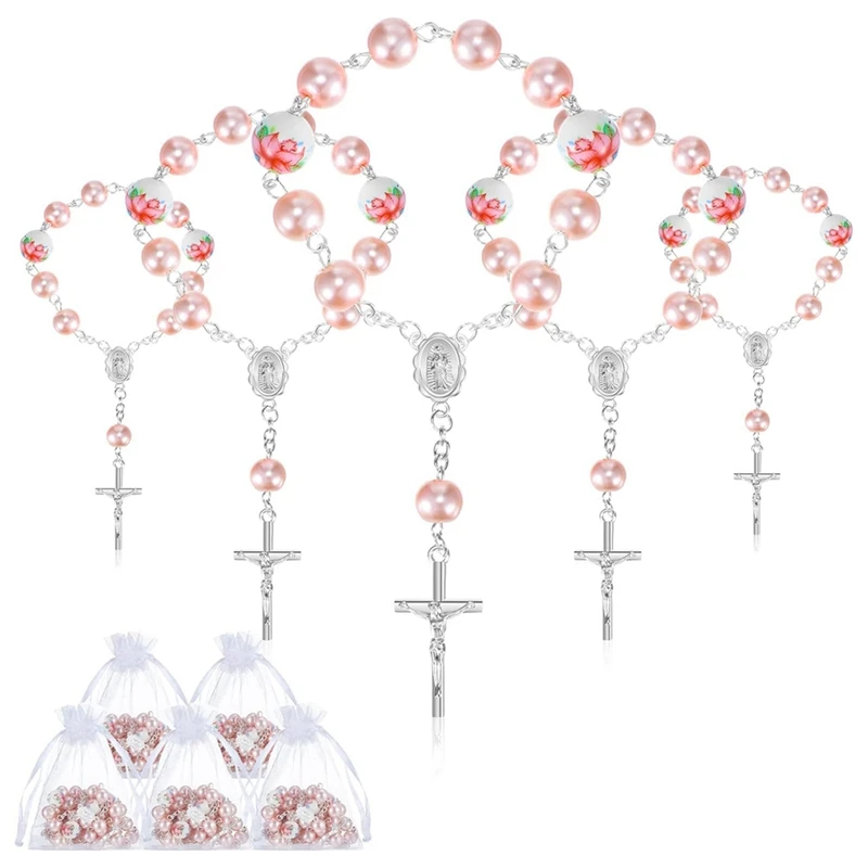 FBIL-Baptism Favors For Girls Include 25 Pcs Pink Baptism Rosary Baby Rosary Mini Rosary 25 Pcs Organza Bags Baptism Gifts