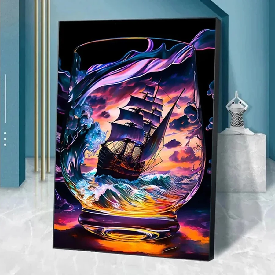 Diamond Painting Fairy Dust Colorful Ship In Glass New arrival 5D Mosaic Graffiti art Waves Landscape DIY Cross Stitch decor art