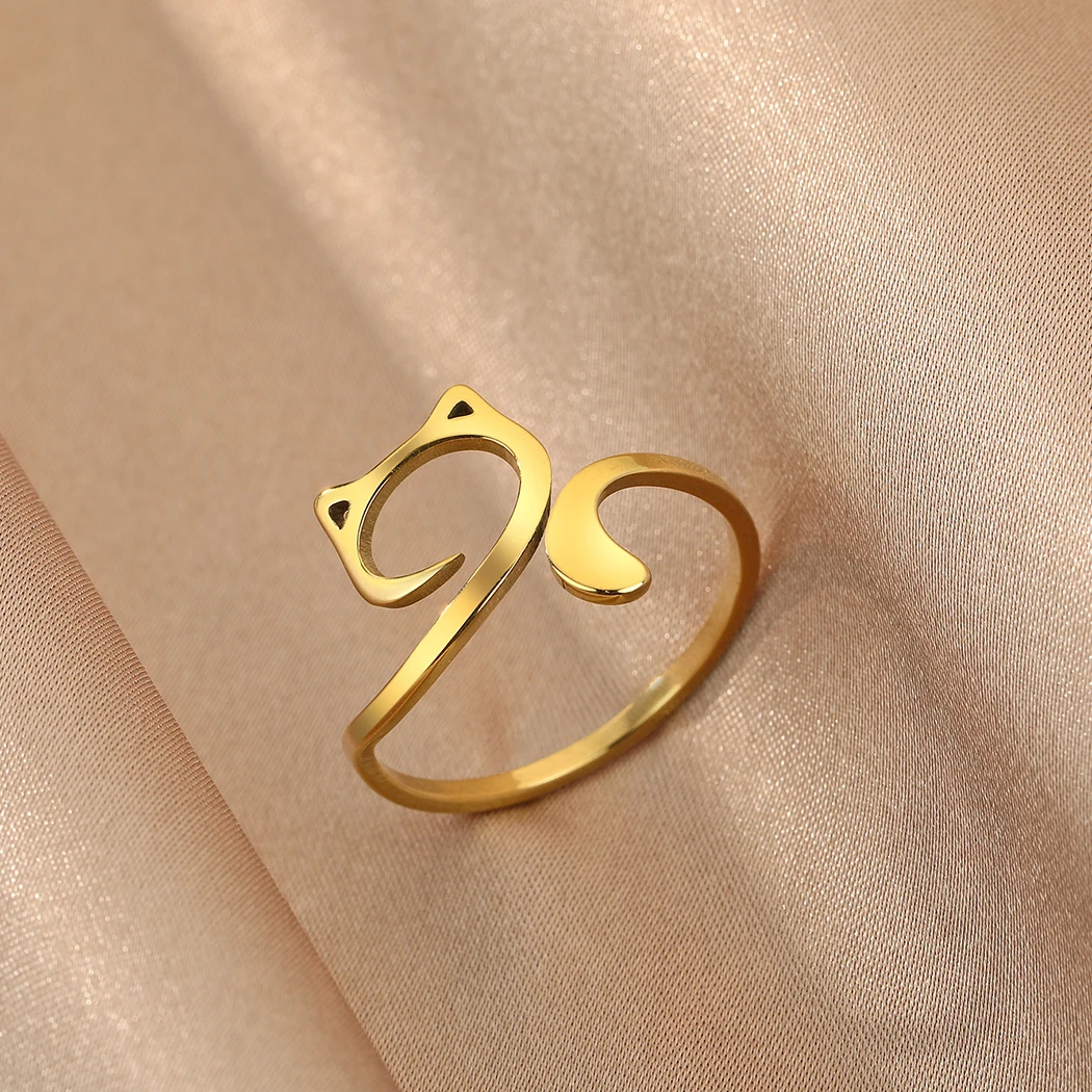 Anillos simples Kinitial minimalistas con bonito gato para niñas y mujeres, joyería de animales de acero inoxidable, anillo apilable encantador, regalo de cumpleaños