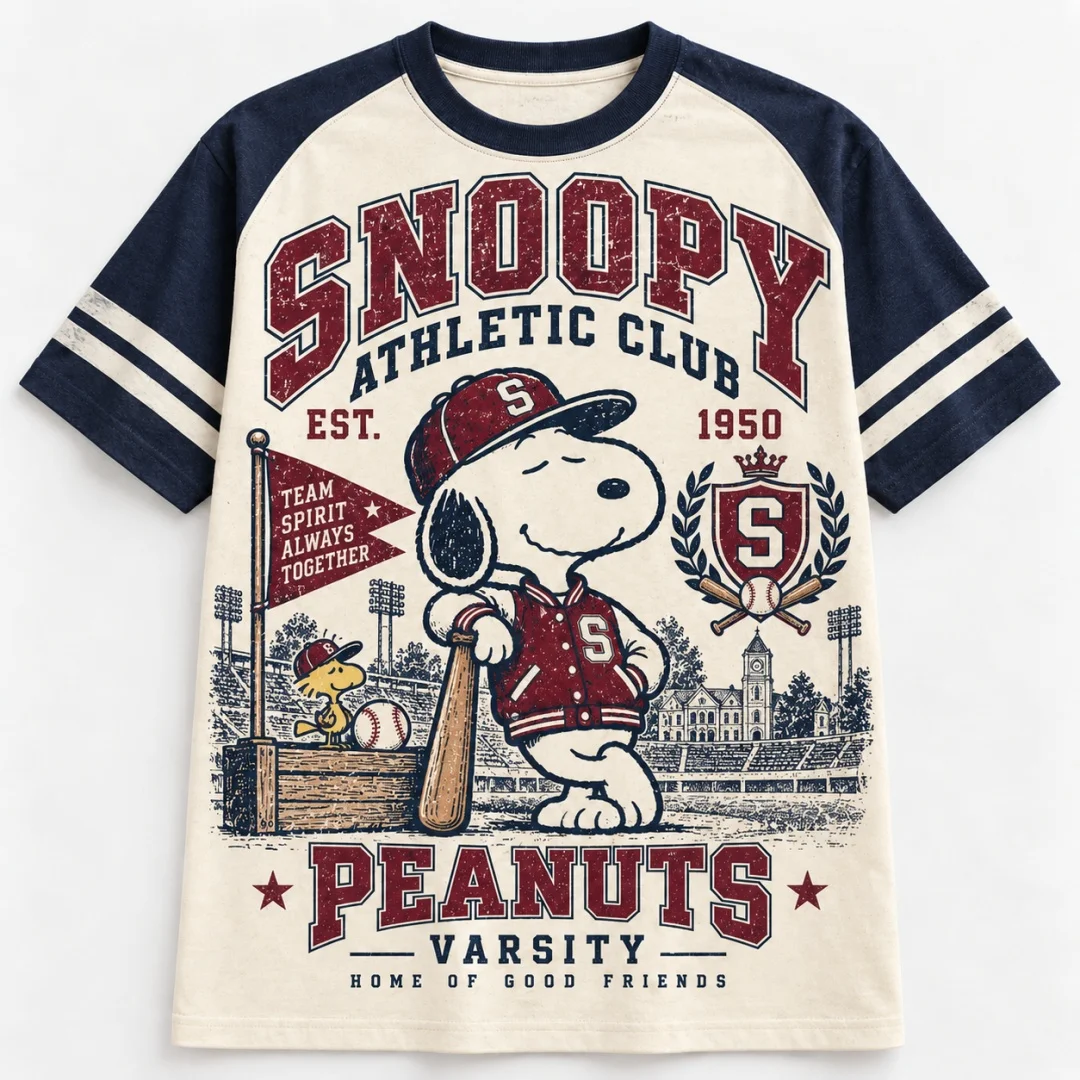 Snoopy Peanuts University Vintage Grafik-T-Shirt, Retro College Raglan-Streifen, Kurzarm, Kinder-T-Shirt, Unisex, Sommer, Freizeit-Oberteil – Detail 4