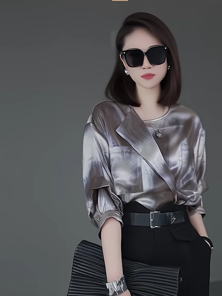 

Модная женская рубашка с коротким рукавом в градиентной расцветке, летняя новинка, легкий элегантный стиль, асимметричная, в корейском стиле, свободного кроя, для повседневной носки