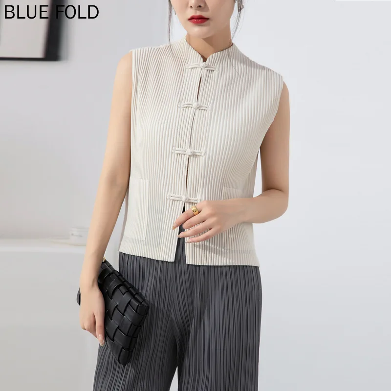 Miyake Pleated Ladies Vest  Summer New Cheongsam Style Stand-up Collar Solid Color Sleeveless Buckle Retro Outer Top PLEATS