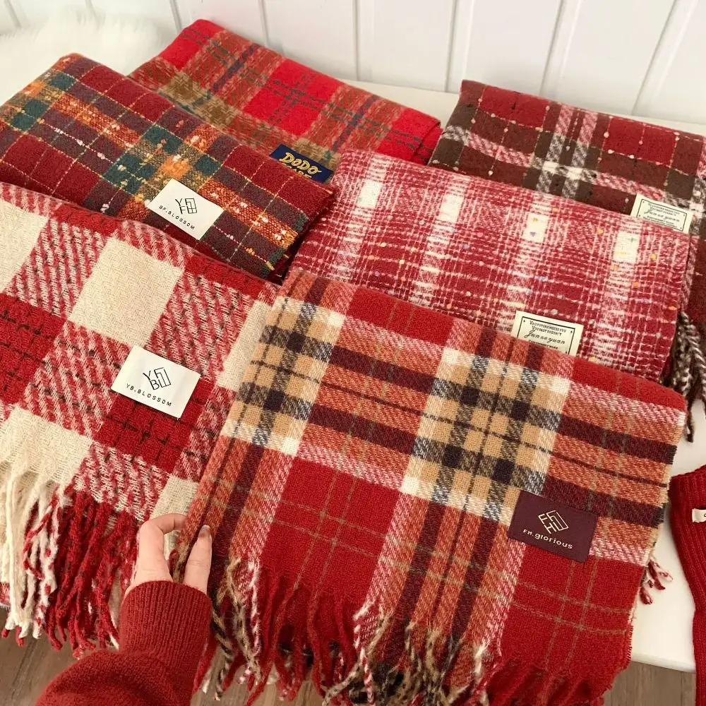 Elegant Sweet Plaid Wool Scarf Tassel Plush Red Long Shawl New Year Solid Color Winter Knitted Scarves Christmas
