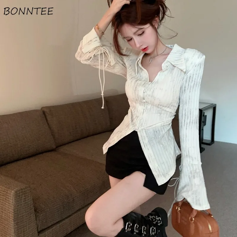 Flare Sleeve Shirts for Women Chic Lace-up Design French Style Spring Autumn Retro Sweet Sexy Girls Tops All-match Streetwear