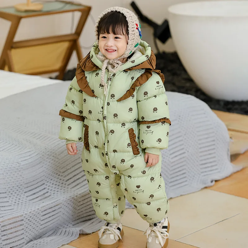 

2025 New Baby Girls Plush-Lined Romper Thick Winter Jumpsuit with Hood Adorable Snowsuit for Newborns 0-3Y