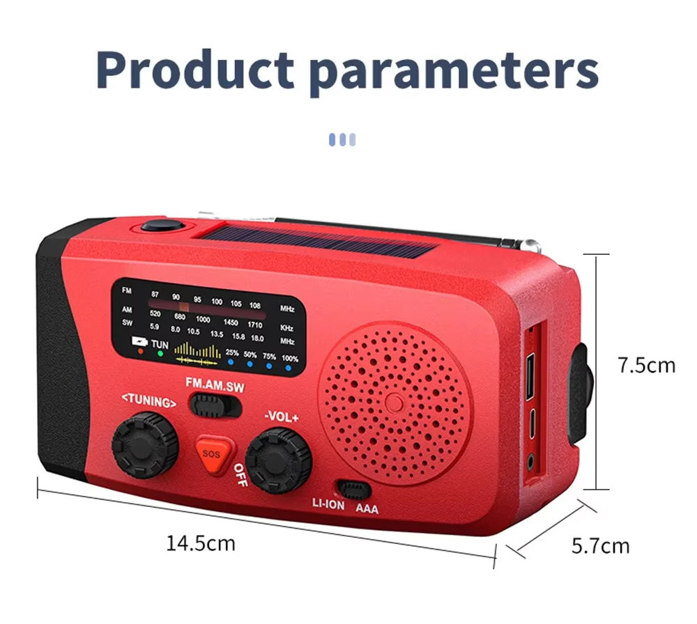 Notfall-Solar-Handkurbelradio AM/FM/SW, tragbare Warn- und Überlebens-Taschenlampe, Powerbank-Handy-Ladegerät für Camping und Hurrikan – Detail 3