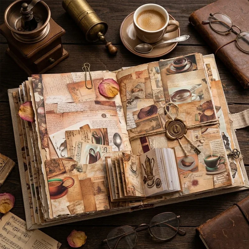 Vintage Coffee Cup Old Newspaper Print Retro Script Background Scrapbook Paper Cardmaking Junk Journal DIY Craft Album Collage