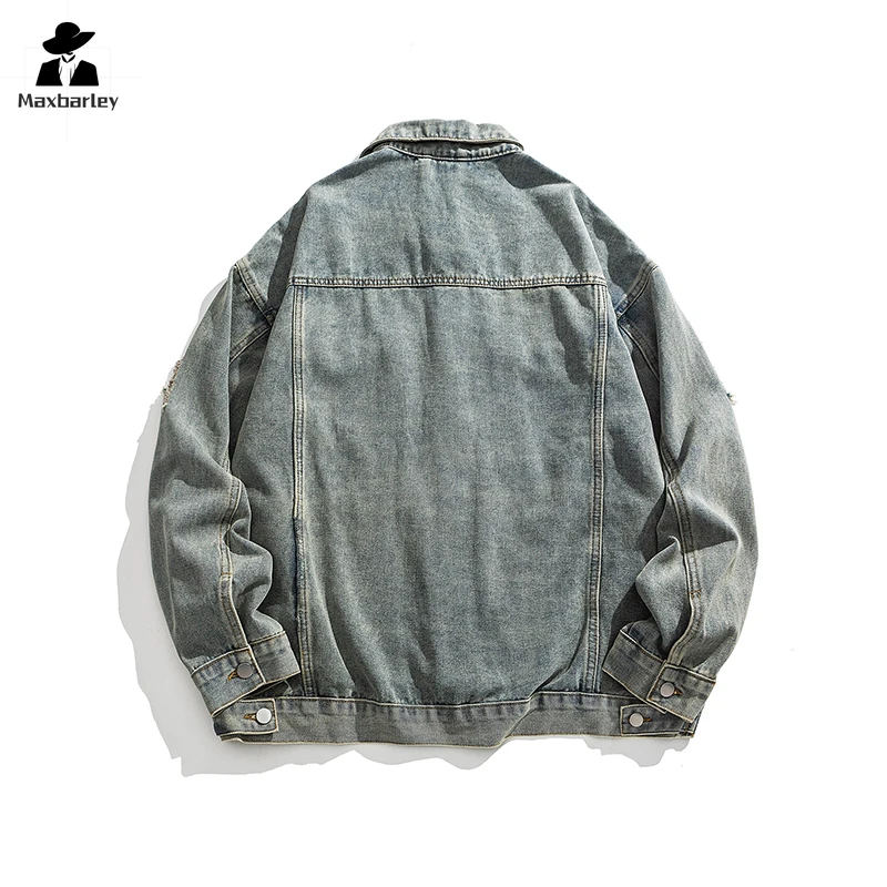 Vintage Wear Out Denim Jacket Men Women Fashion Brand Pocket Lapel Blue Denim Coat Autumn Youth Workwear Windproof Loose Jacket