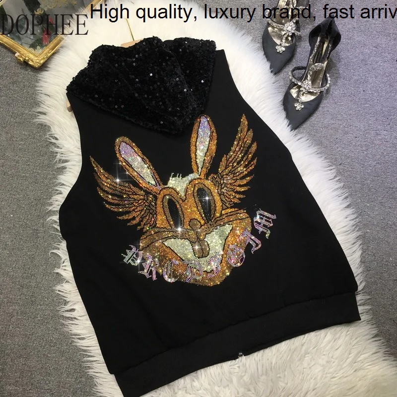 

Wings Streetwear Bunny Hot Driiling Women Vests Coat New Autumn Winter Thicken Quilted Zip Sequins Hooded Sleeveless Jackets