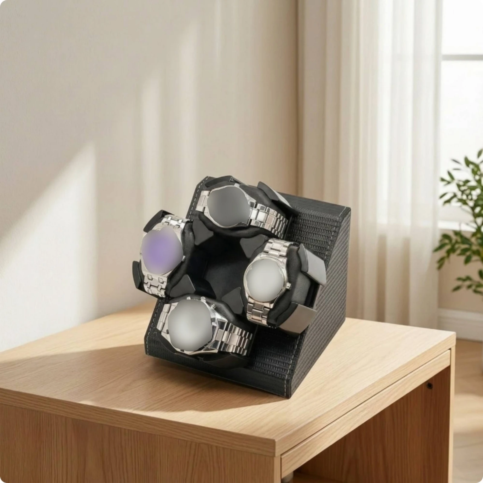 Automatic Watch Winder Braided Watch Winder with Four Holders Compact Space-Saving for Men, Desktop, Dressing Room