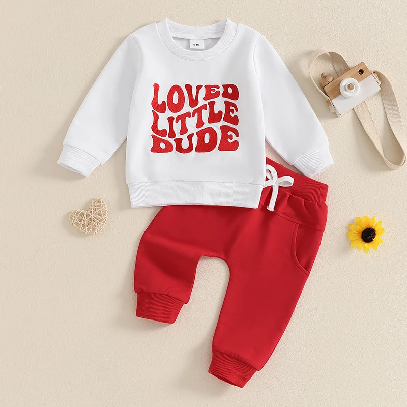 Toddler Girls 2PCS Valentine's Day Sets Long Sleeve O Neck Letter Embroidery Tops Solid Color Pants Set