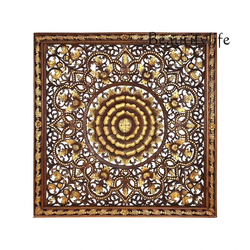 South East Asia Teak Lotus Hollow Carving Panel Wall Hanging Chinese Villa Corridor Pendant