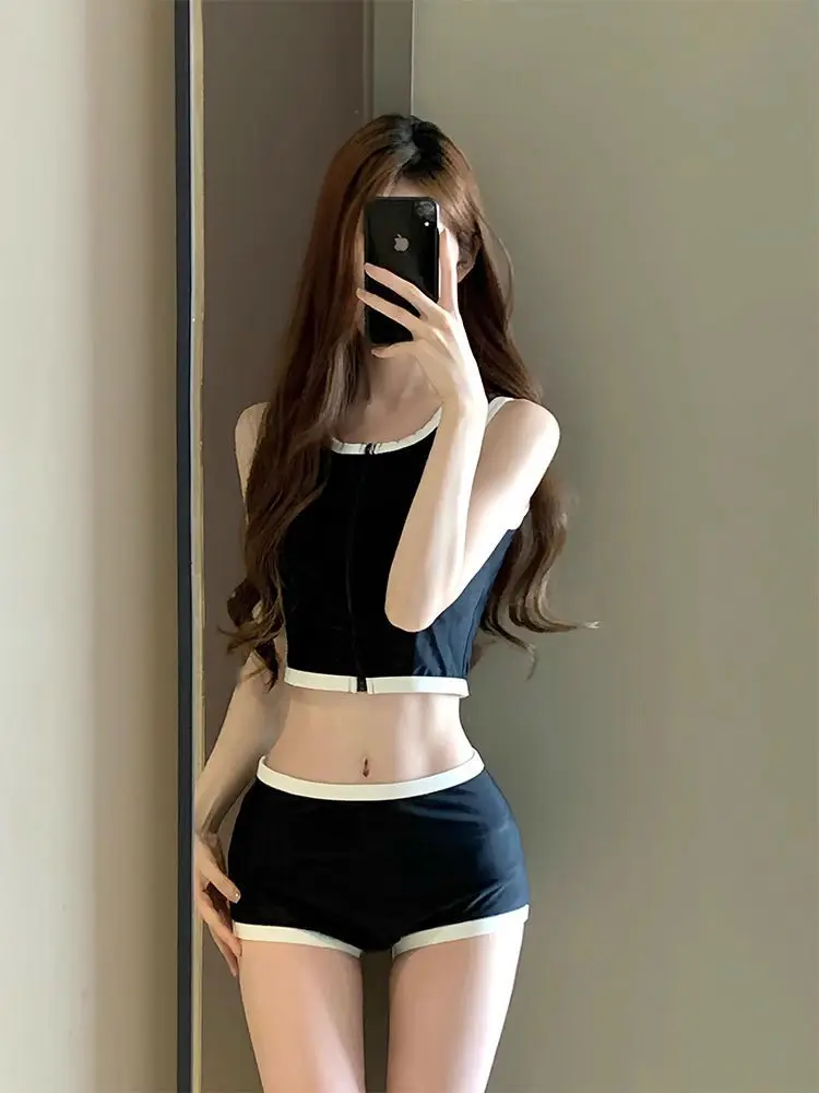 Stylish Simple Style Women's Split Swimsuit Color Contrast Edge Short Vest High Waisted Lolita Spice Sexy Sporty Slim Swimwear