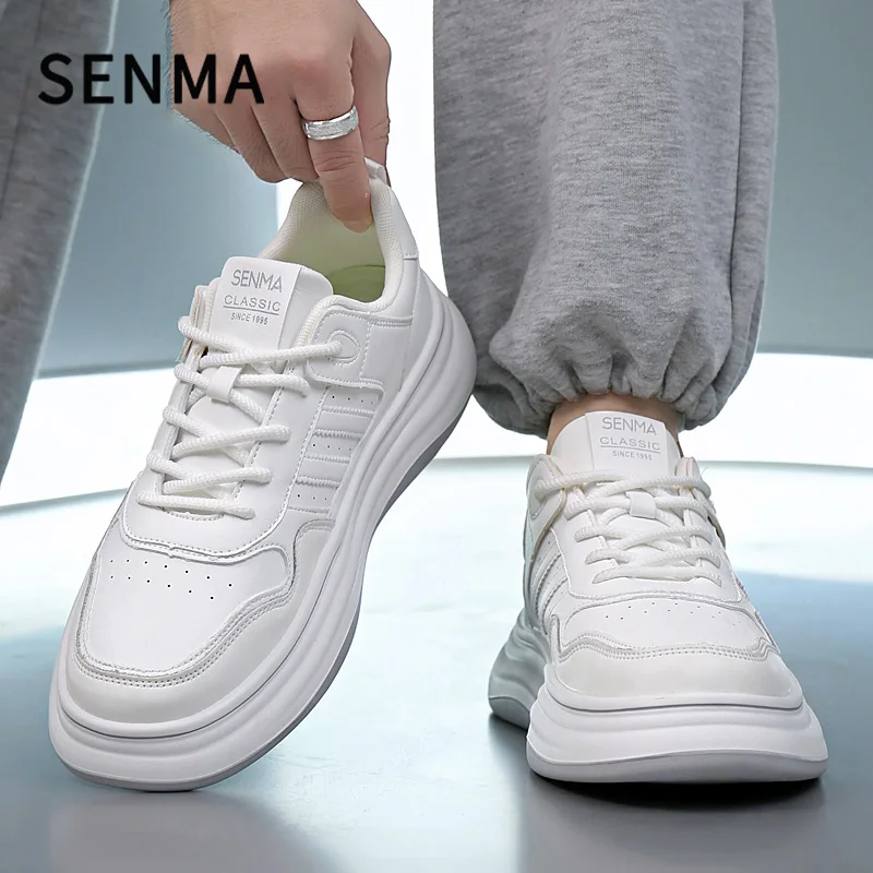 SENMA Unisex Women Men Casual White Board Shoes Men Thick Soled Casual Shoes Lace-up Walking / Tennis Shoes Male White Sneakers