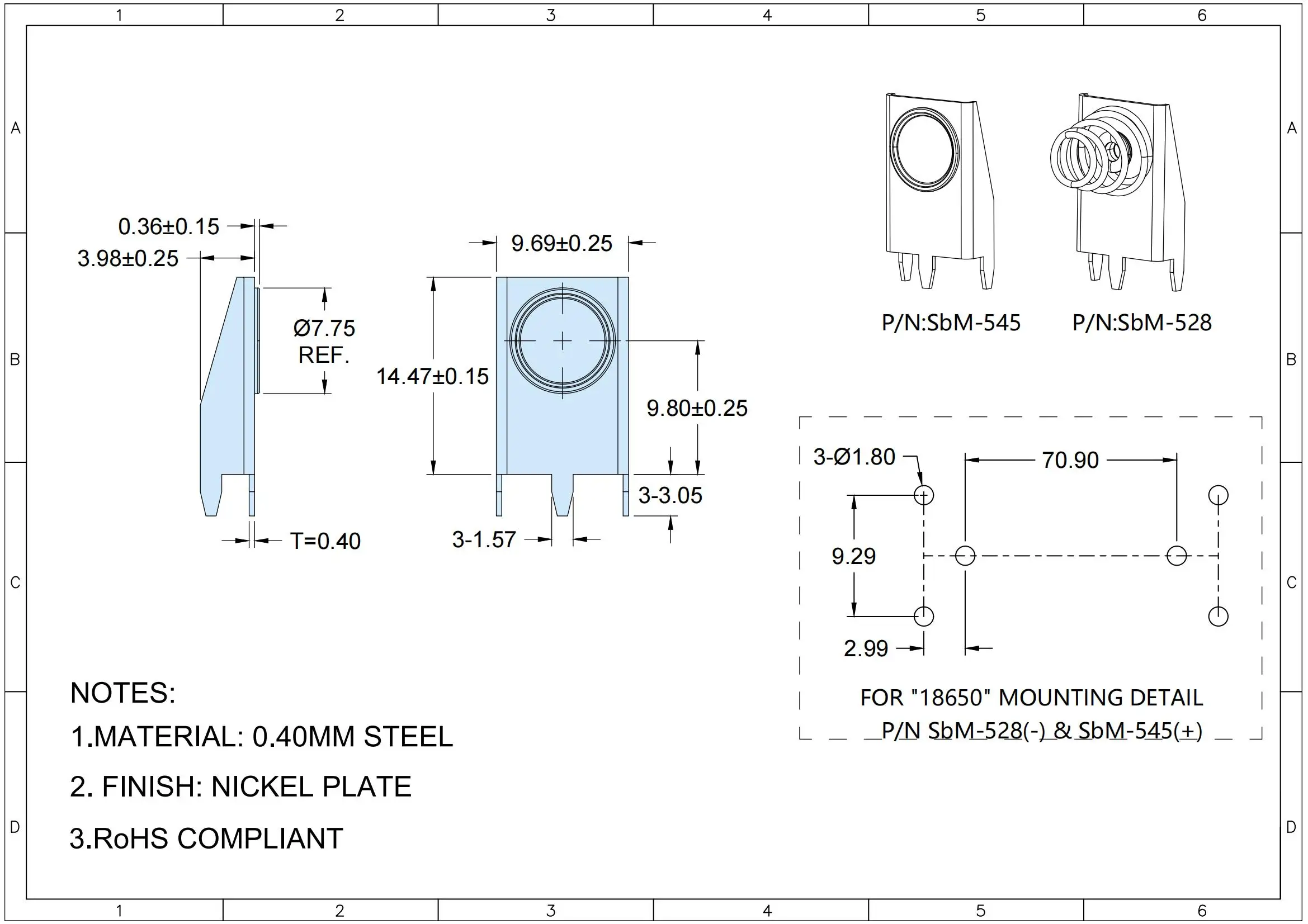 Metal Stamping 18650 Battery Contact Plate THM PCB 18650 Battery Connector P/N 545