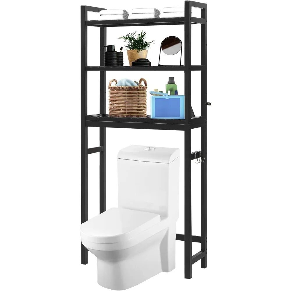 

Toilet Storage Cabinet, Bamboo Adjustable above Toilet shelf, Stable Freestanding above Toilet Organizer with Hooks