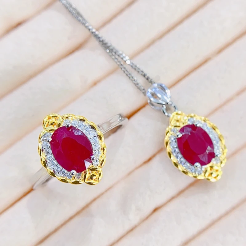 Natural Ruby jewelry sets for women rings pendant silver 925  luxury gem stones 18k gold plated free shiping items