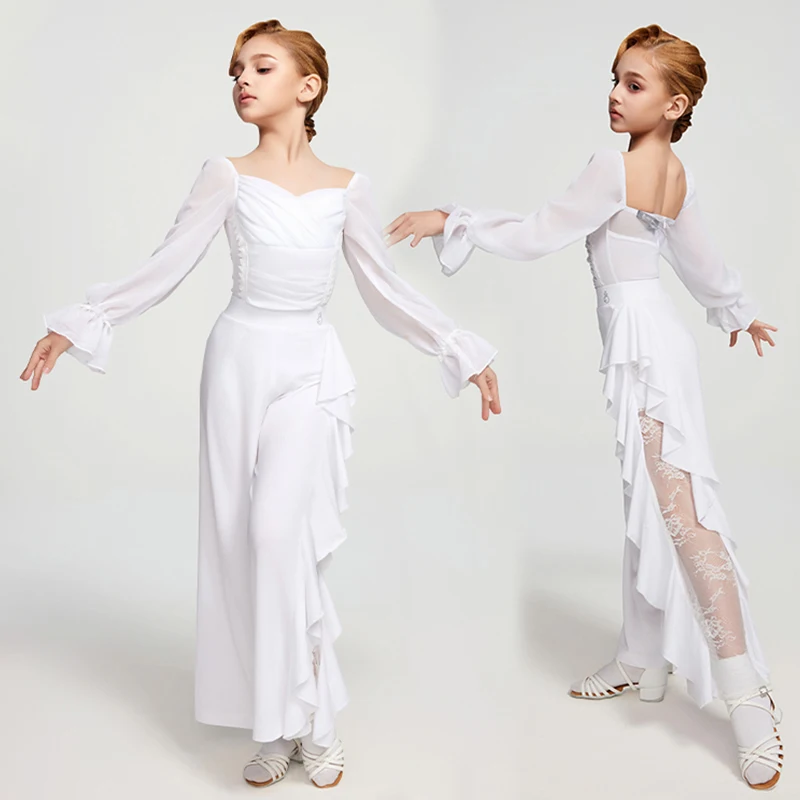 

White Latin Dance Clothes Girls Kids Waltz Ballroom Dance Practice Wear Tops Lace Pants Kids Latin Performance Costume DNV23478