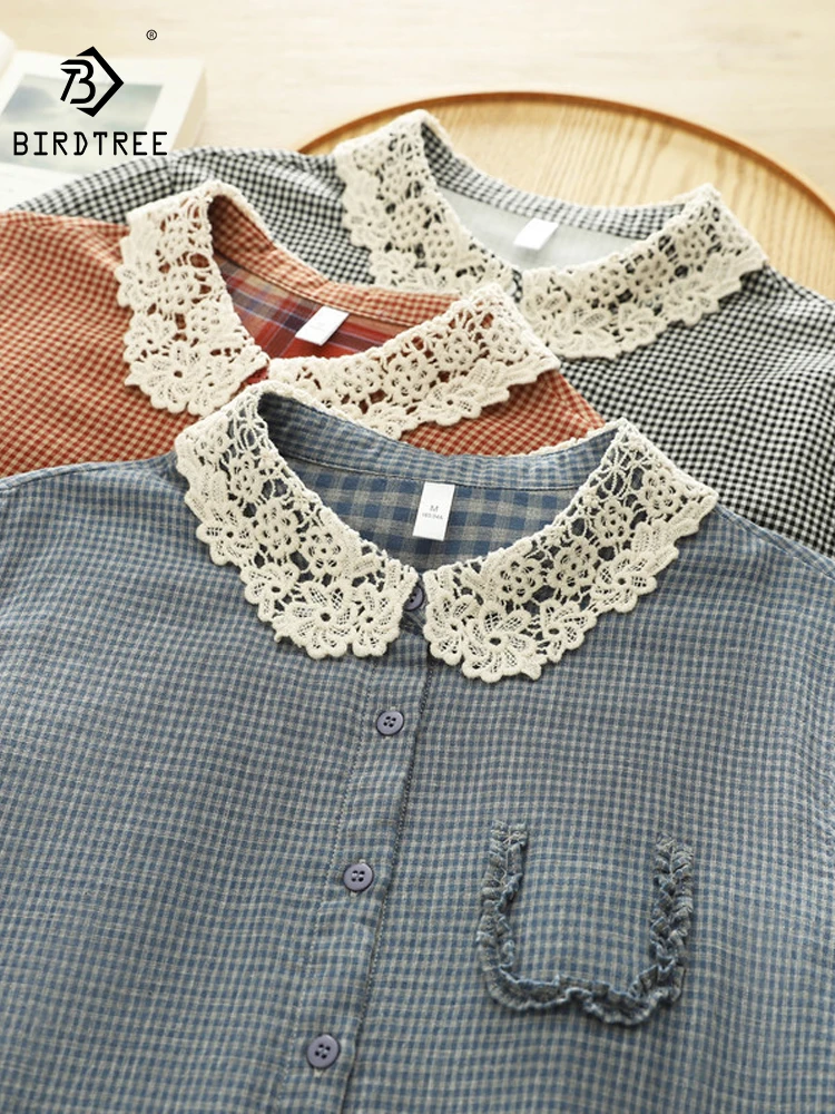 

New 2026 Spring Women Cotton Long Sleeve Shirt, Turn-down Collar Plaid Lace, Mori Girl Preppy Style Chic Loose Blouse T61922CC