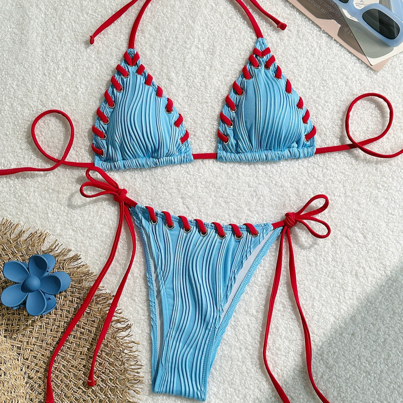 Halter Wrinkled Weave Bikini Set Women Swimwear Female Swimsuit Two Pieces Bikini Set Brazilian Bathing Suit Swim Beach Wear