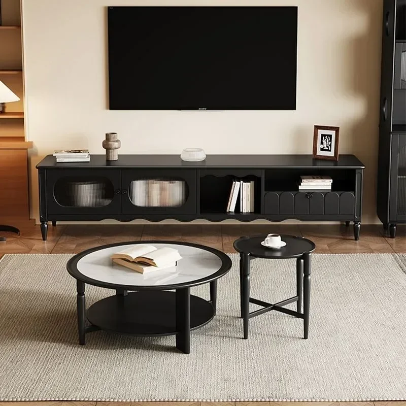 French solid wood round rock slab coffee table, medium and ancient style, simple small household