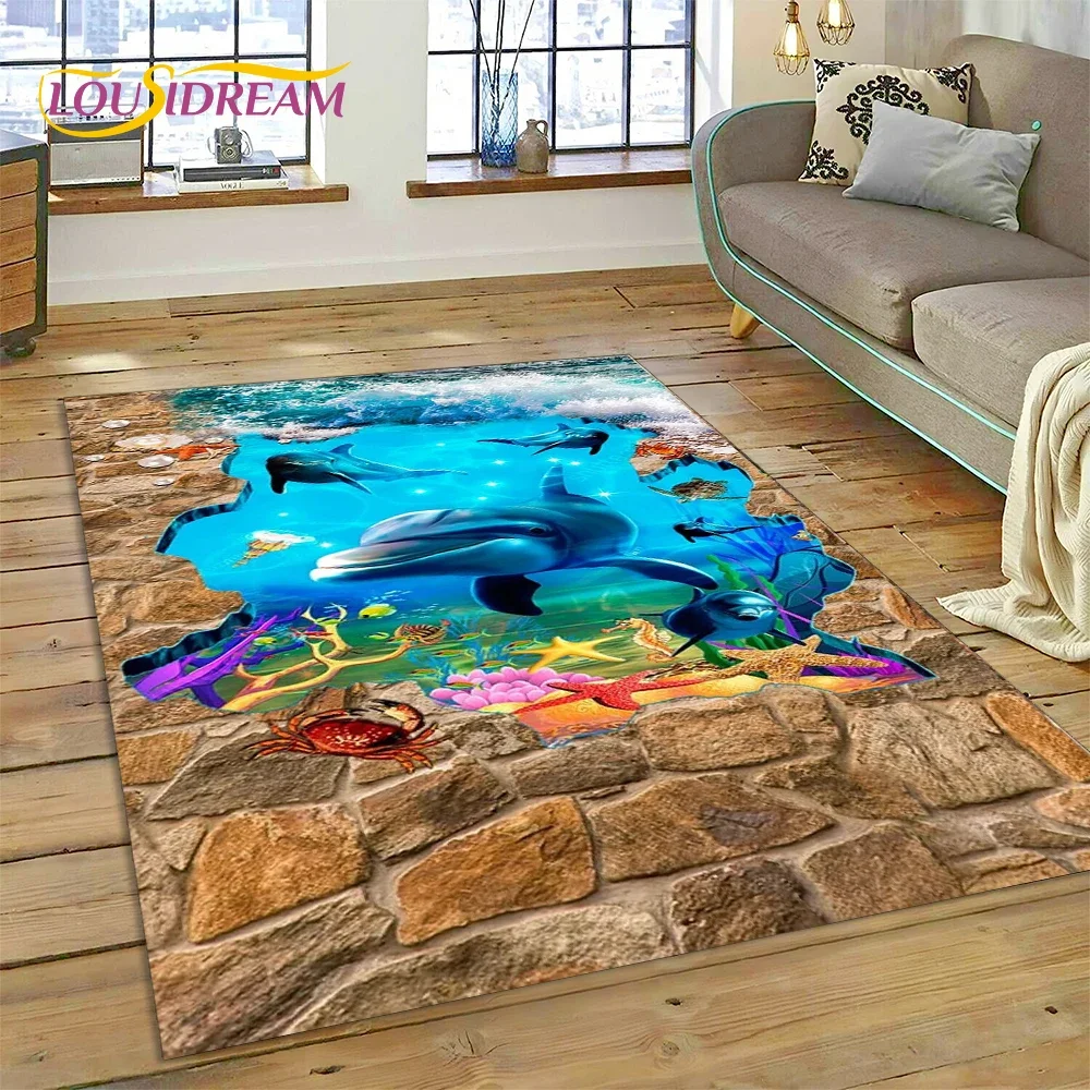 Illusion Underwater World Seabed Shark Dolphin Cartoon Carpet Rug for Bedroom Living Room Sofa Decoration,Kid Decor Floor Mat
