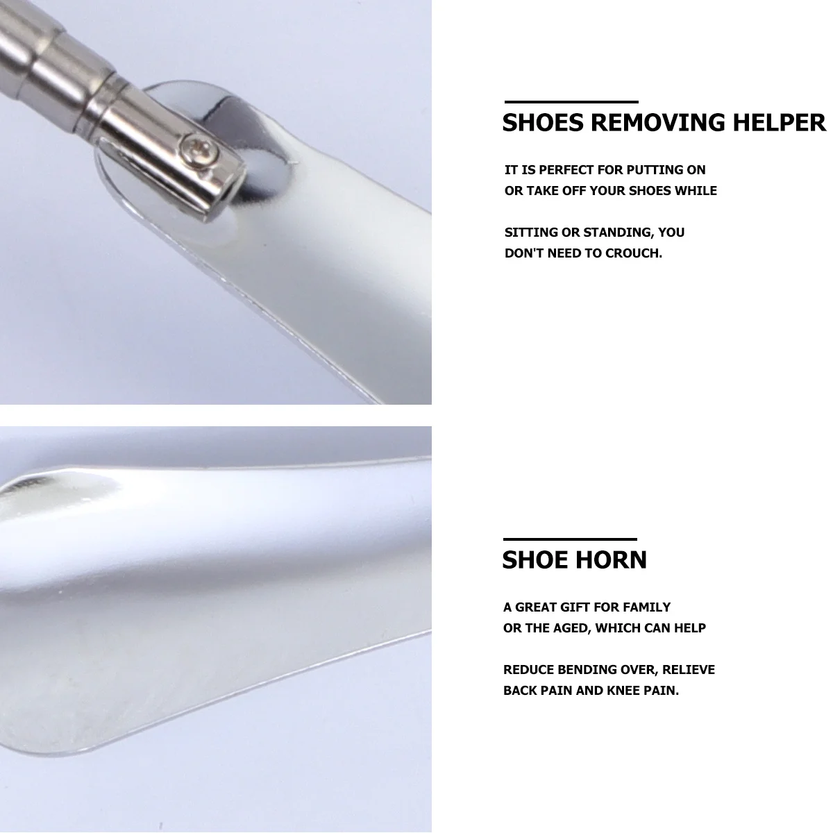 

2Pcs Stainless Steel Shoehorn Adjustable Long Handle Ergonomic Shoes Extractors Portable Shoe Helper for Adults Seniors