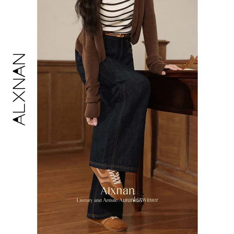 ALXNAN Vintage Dark Blue Jeans Women Wide-leg Straight High-waist Baggy Pants Autumn Casual Elegant Loose-fit Trousers L56792