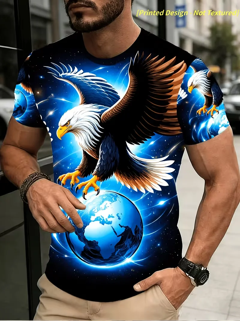 Mens T-shirt bald eagle american flag distressed stripe star floral graphic full print short sleeve crew neck casual top