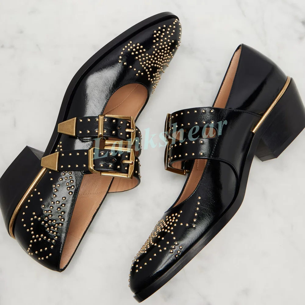 Dual Gold Buckle Mary Jane Block Chunky Heel Pumps Micro Gold Stud Round Toe Vintage Retro School Style Outings Daily Shoes 2026