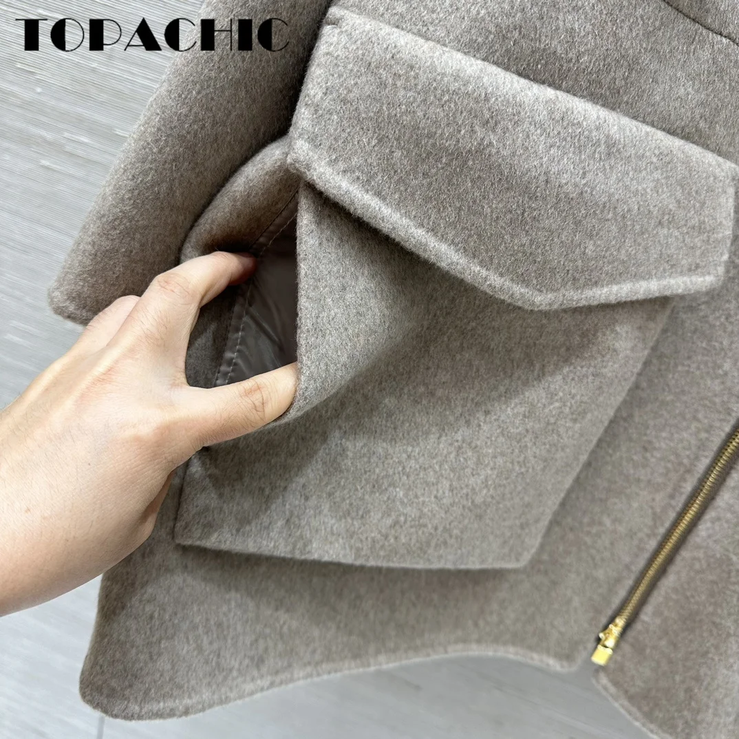 9.2 TOPACHIC-Women\'s Hooded Drawstring Waist Double-Side Woolen Keep Warm Coat Classic Big Pocket Zipper Loose Outerwear