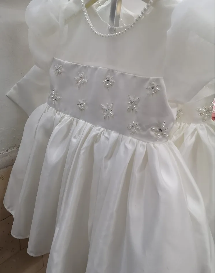 Pearl Baby Wedding Dress Satin 1 years Toddler Birthday Party Gown White Girls Holiday Ceremony Clothes 1-8T