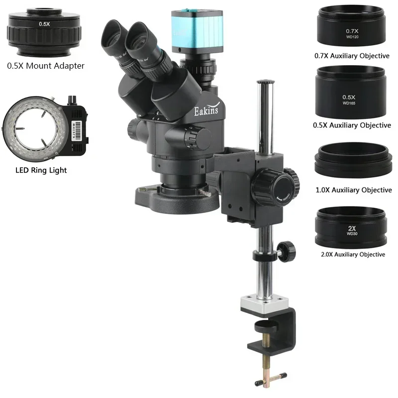 Desktop Clamp Type Stand 3.5X90X Zoom Simul Focal Stereo Microscope Trinocular Microscope 48MP Digital Video HDMI USB VGA Camera