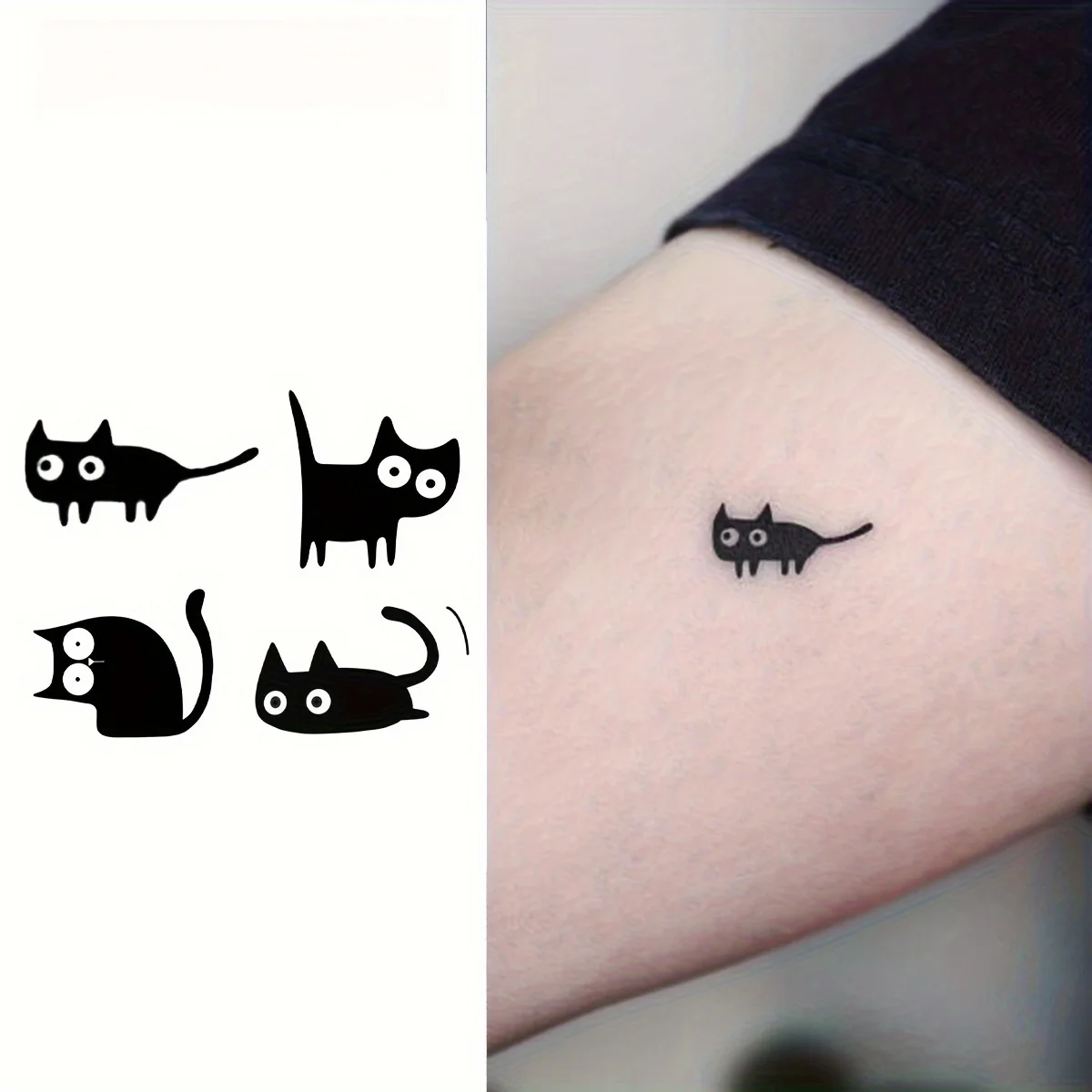 

5 листов временных татуировок — милый дизайн котенка и сердца, водонепроницаемый долговечный боди-арт, реалистичные черные чернила