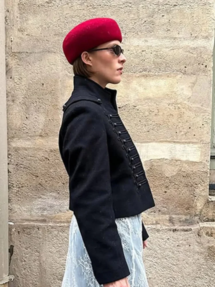 Women's Black Napoleon Style Cropped Jacket Coat Female Long