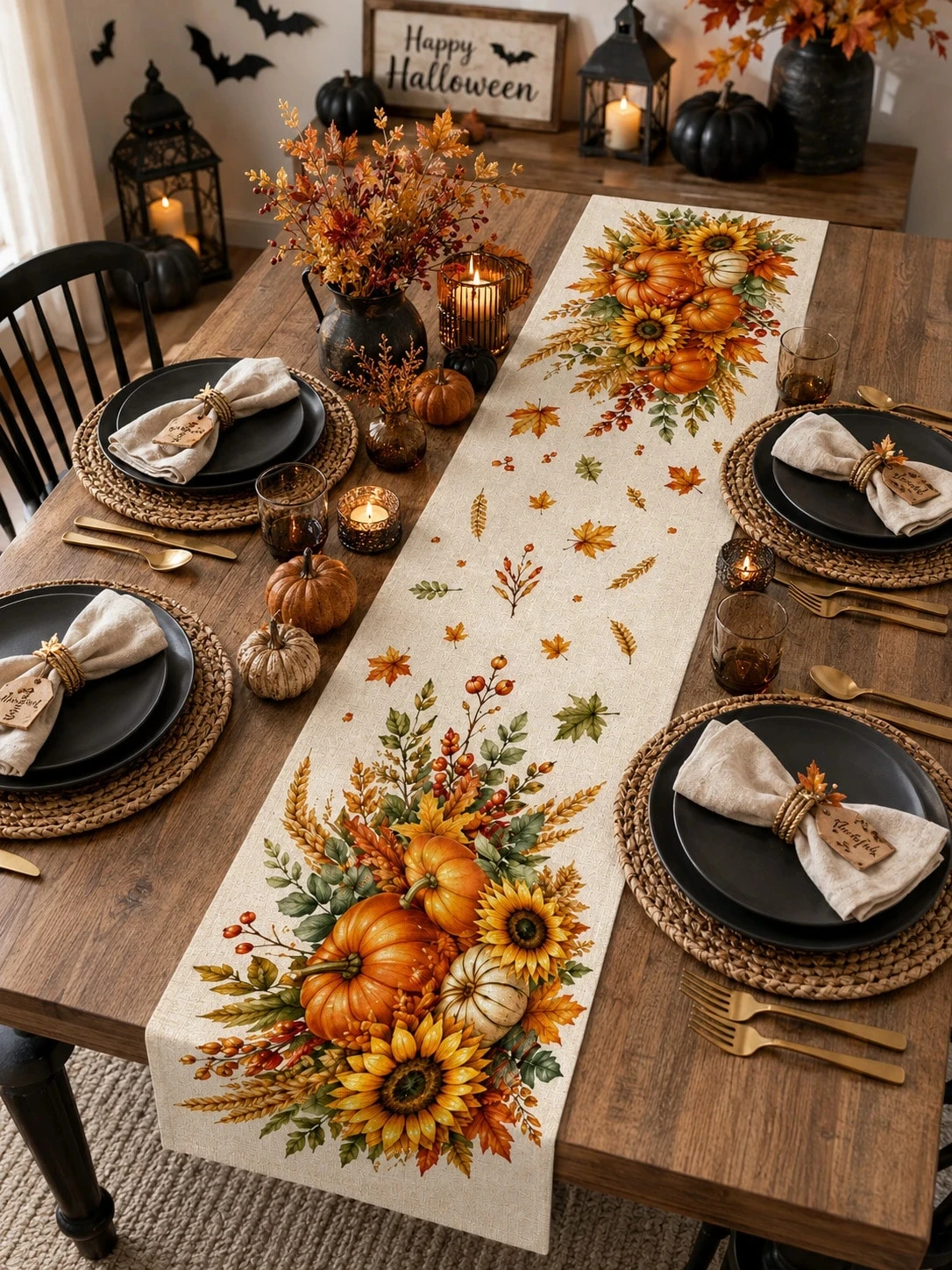 1pc Fall Table Runner,2D Pumpkin Sunflower Maple Leaf Print Multi‑Size Tablecloth,Harvest Decor for Dining Table Kitchen Living