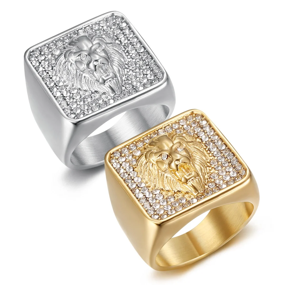 Men's Iced Out Lion Head Ring 23mm Chunky Gold Silver Color Stainless Steel Crystal Zirconia Square Rings for Man Punk Jewelry
