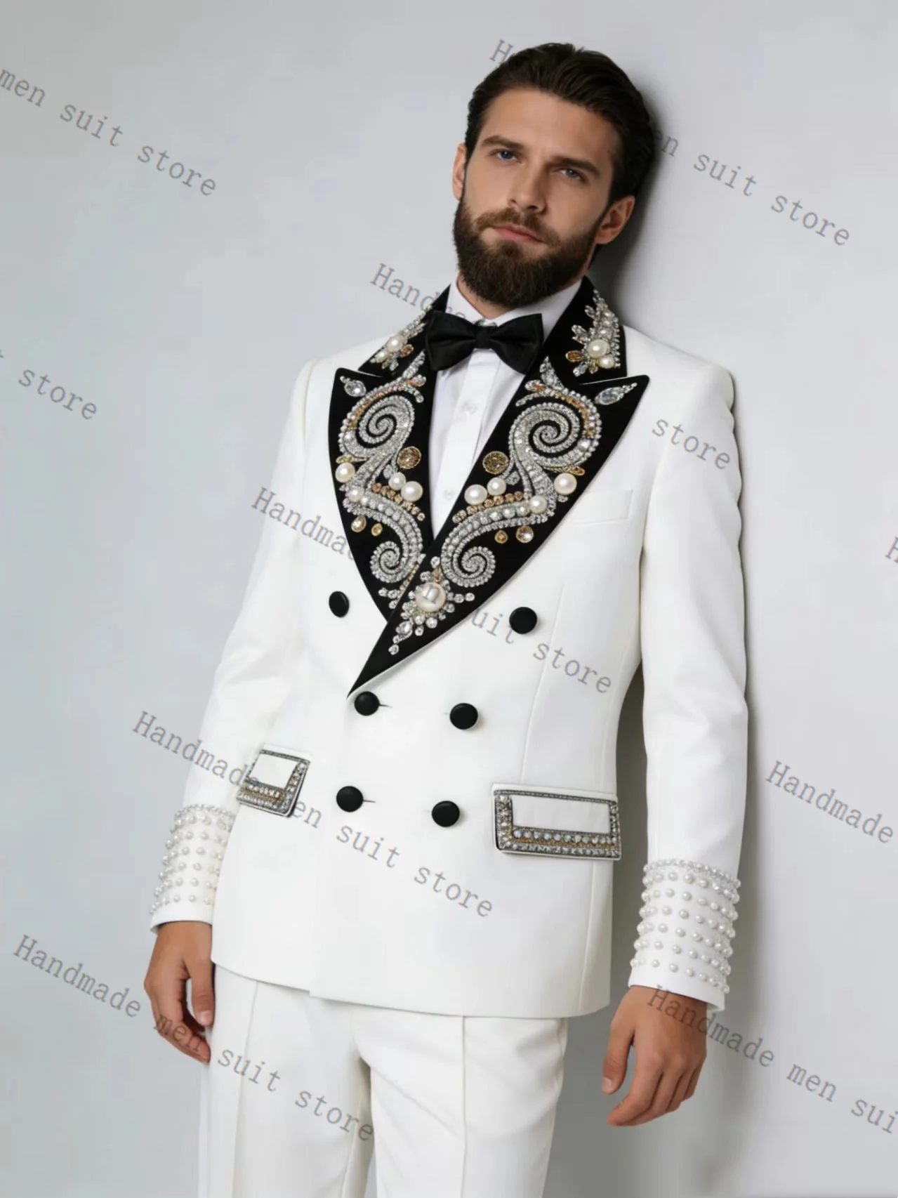 

Pearls Crystal Men Suit Set 2 Piece Blazer+Pants Spring Cotton Prom Wedding Tuxedos Coat Customized Formal Office Fashion Jacket