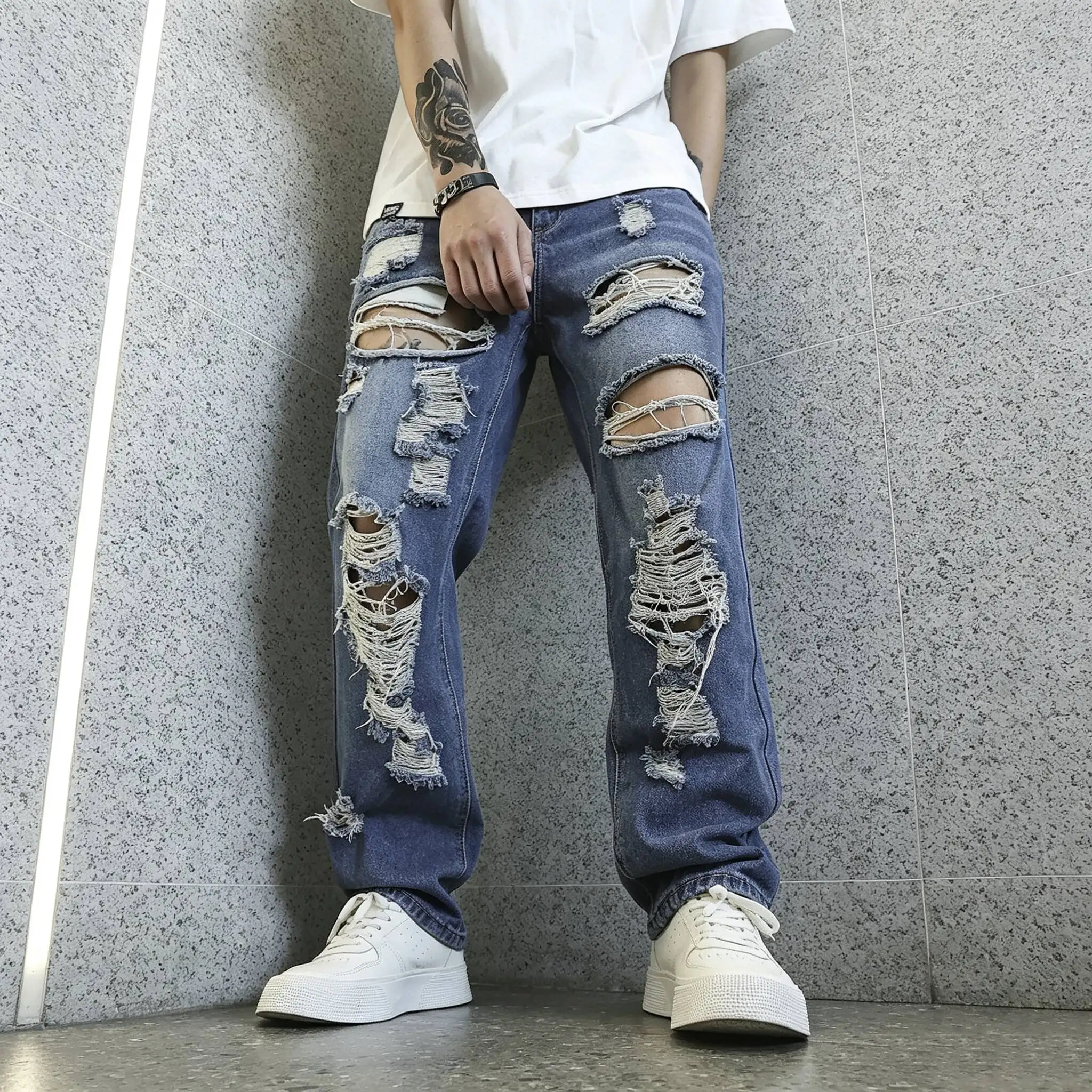 Vintage Men's Destroyed Ripped Baggy Straight Jeans Distressed Frayed Hole Denim Pants High Street Hip Hop Y2K Streetwear